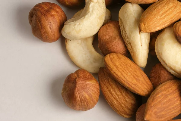 Blandning Olika Nötter För Snacks Och Vegetarisk Mat Närbild Makro — Stockfoto