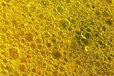Yağ ve yağ çözücüden su kabarcıkları içeren soyut sarı arkaplan makro fotoğrafçılığı kapat
