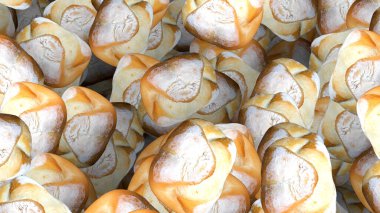 Bakkal fotomontaj kolajı bilgisayar istiflenmiş beyaz buğday unlu çörekleri fotoğrafları