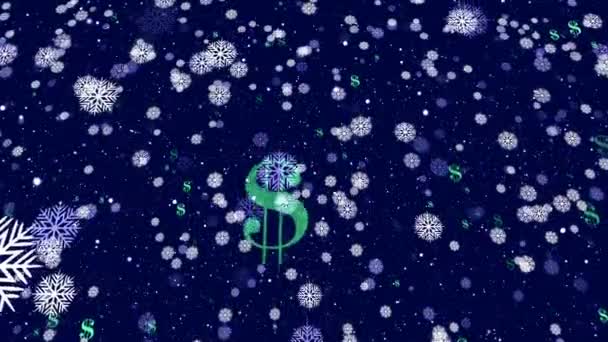 圣诞雪花以蓝色调飘扬 并附有美元标识 飘扬在蓝色制服的背景上 装饰着节日气氛 — 图库视频影像