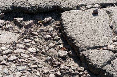 Asfalt taşlı ve çamurlu çatlakları gösteriyor, doğanın ıslah sürecini vurguluyor..