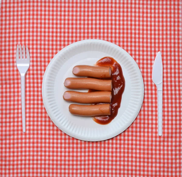 Sausages Ketchup Paper Plate — Stock Photo, Image