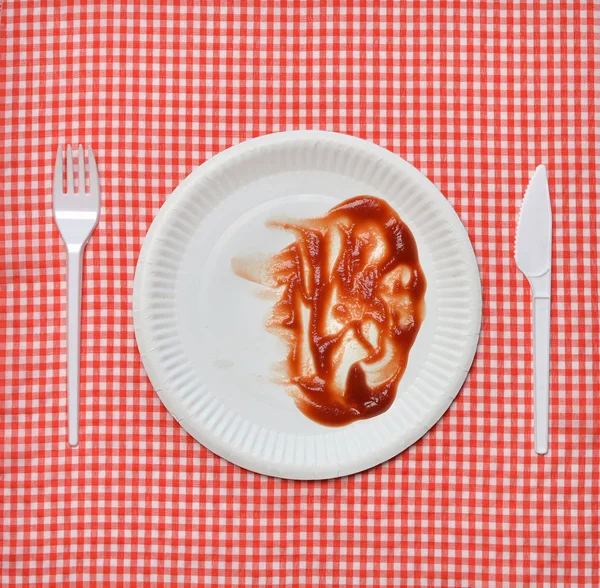 Disposable paper plate and ketchup on a checkered cloth.