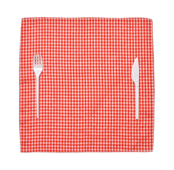 Fourchette Couteau Sur Nappe Rouge Isolés Sur Fond Blanc — Photo