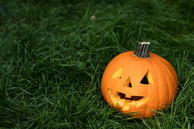 halloweeen kabak çim üzerinde oyulmuş. Jack-o-lantern