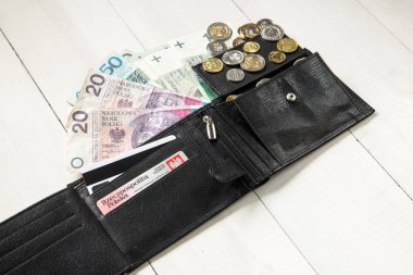 Polonya parası olan deri cüzdan. İş kavramı arka planı