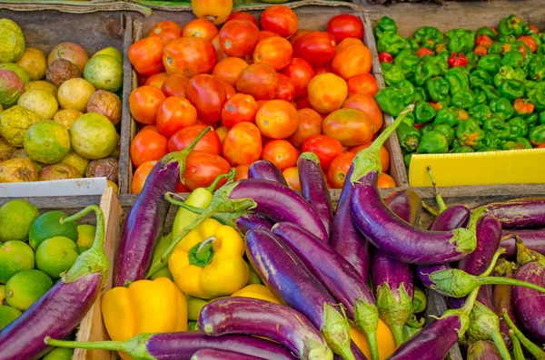 市场柜台上的新鲜蔬菜 免版税图库图片