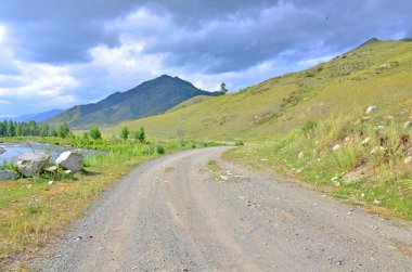 Bulutlar ile gökyüzünün arka planına karşı bir bitki ve ağaçların dağın dağ yolu peyzaj