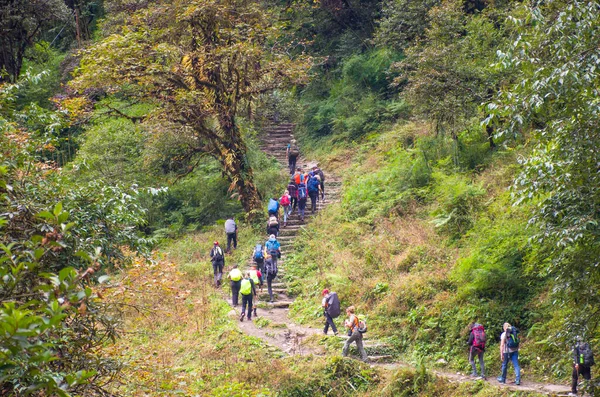 尼泊尔喜马拉雅山上的游客走在路上 — 图库照片