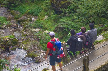 Bir grup turist bir dağ nehrinin üzerindeki köprüde duruyor.