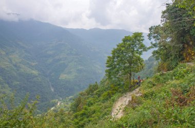 Turistler Nepal Himalayaları 'nın dağları arasında izleri takip ediyorlar.
