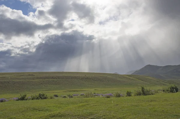 Rain in mountains among beams of the sun