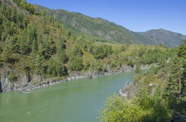 Rusya 'nın Altai Dağı' ndaki dağların arasındaki Chuya Nehri çok güzel bir manzara.
