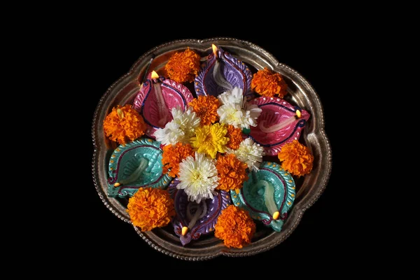 Plate Used Traditional Hindu Rituals Lamps Flowers Diwali Festival India — Stock Photo, Image