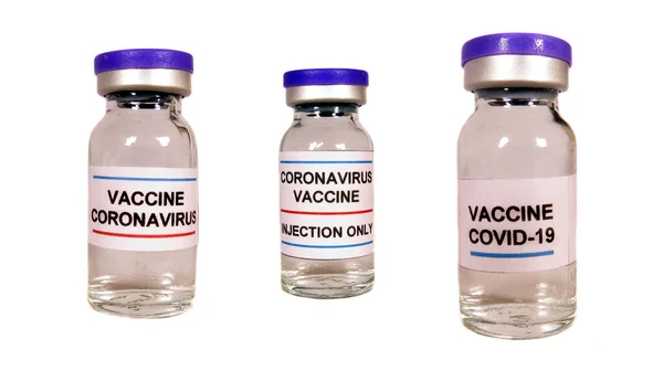 白いスタジオの背景にボトルのコロナウイルスワクチンの異なるバージョン ストックフォト