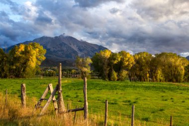 Sonbahar renkleriyle altın ağaçlar Carbondale Colorado 'nun dışındaki Sopris Dağı' na bulutlar inerken