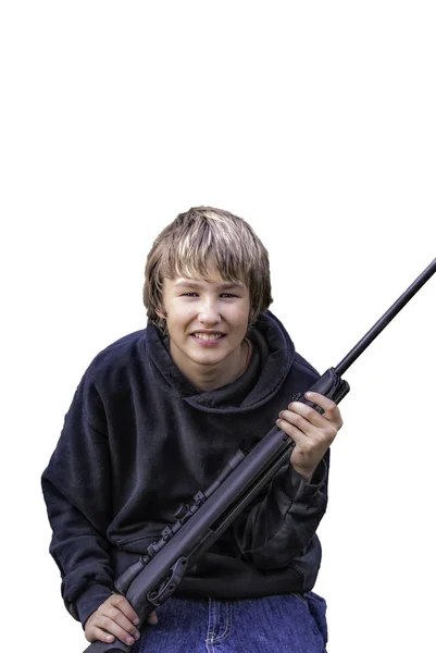 Jeune Garçon Posant Avec Son Nouveau Fusil Air Comprimé — Photo