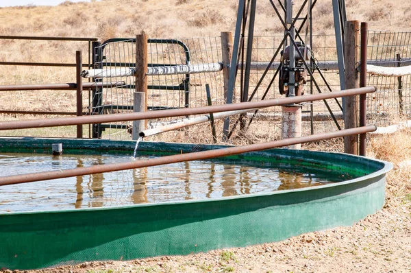 Бак для воды для скота, поставляемый ветряной мельницей — стоковое фото