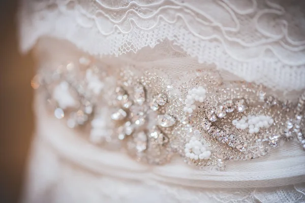 Detalle Cerca Tejido Vestido Novia Con Brillantes Pedrera — Stock Photo, Image