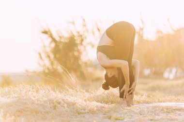 Genç bir kadın, altın gün batımında, yeşilliğin yanında yoga egzersizi yapıyor.