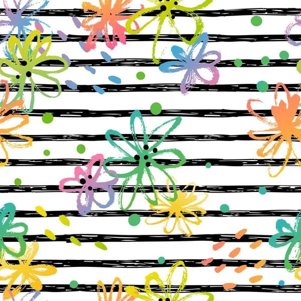 Seamless Pattern Hand Drawn Flowers Striped Background Vector Illustration — Stock Vector