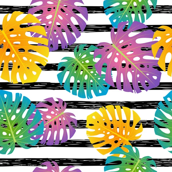 ストライプの背景 ベクトル イラストに熱帯の葉のシームレス パターン — ストックベクタ
