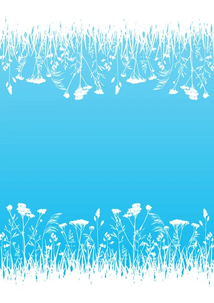 Blauwe Zomer Weiland Met Gras Silhouetten — Stockvector