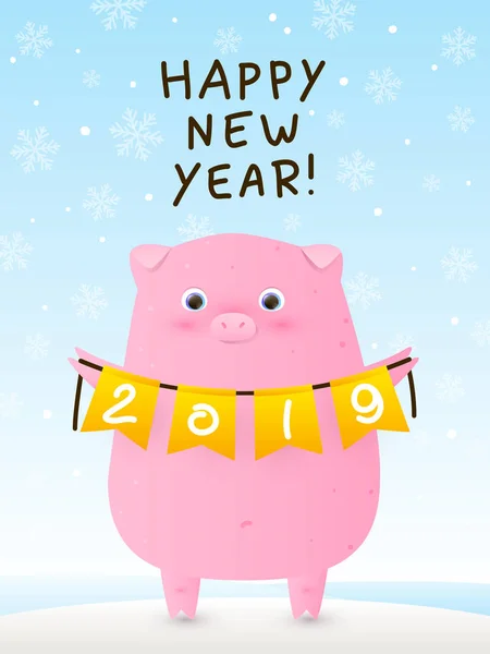Greeting Card Cute Pig Symbol New Year 2019 — Stock Vector