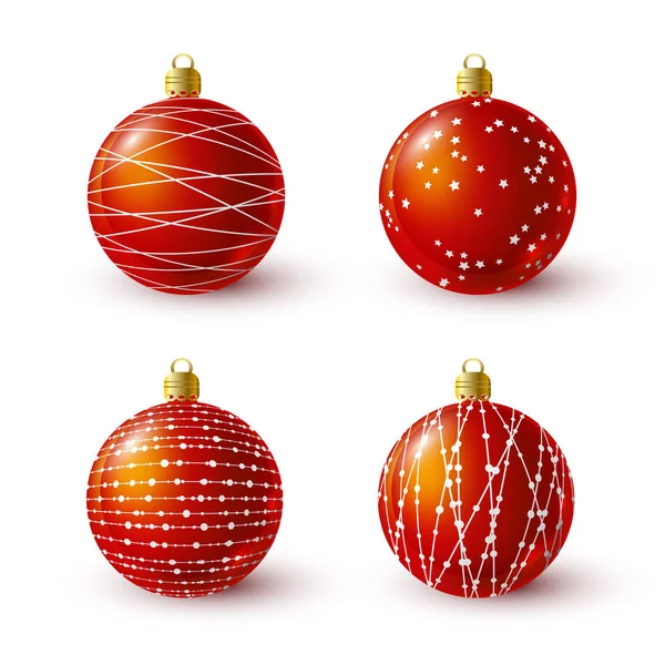 Ensemble Boules Noël Rouges Avec Décorations Blanches Illustration Vectorielle — Image vectorielle