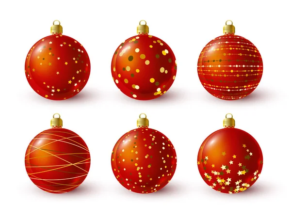 Set Red Christmas Balls Golden Decorations Vector Illustration — Stock Vector