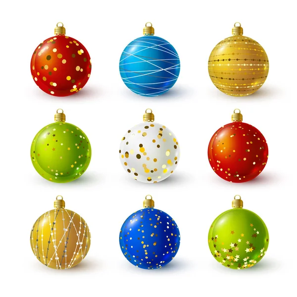 Set Von Farbigen Weihnachtskugeln Mit Goldenen Dekorationen — Stockvektor
