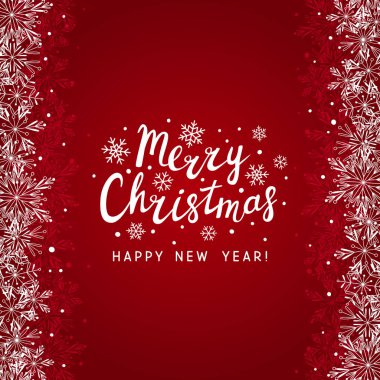 Mutlu Noeller ve mutlu yeni yıl tebrik kırmızı arka plan ile kar taneleri sınırları