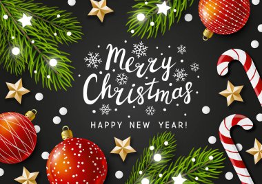 Tatil dekorasyon ile neşeli Noel ve mutlu yeni yıl tebrik kartı