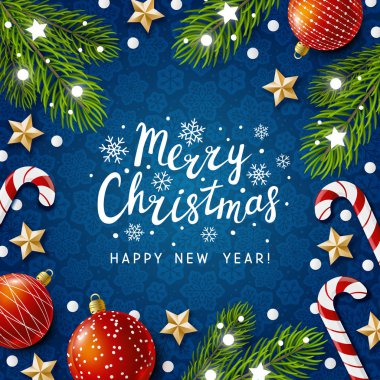 Mavi tatil dekorasyonu ile Noel tebrik kartı  