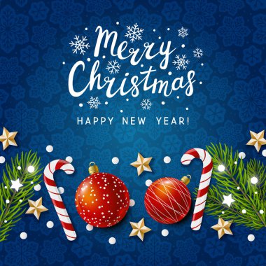 Mavi tatil dekorasyonu ile Noel tebrik kartı  