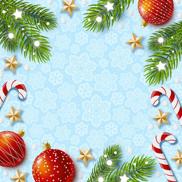 Weihnachtsgrußkarte Mit Feiertagsdekor Auf Blauem Hintergrund — Stockvektor