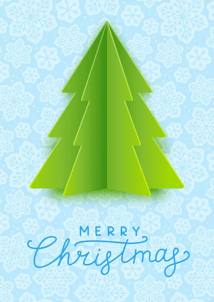 Greeting Card Green Paper Christmas Tree Merry Christmas Inscription — Stock Vector