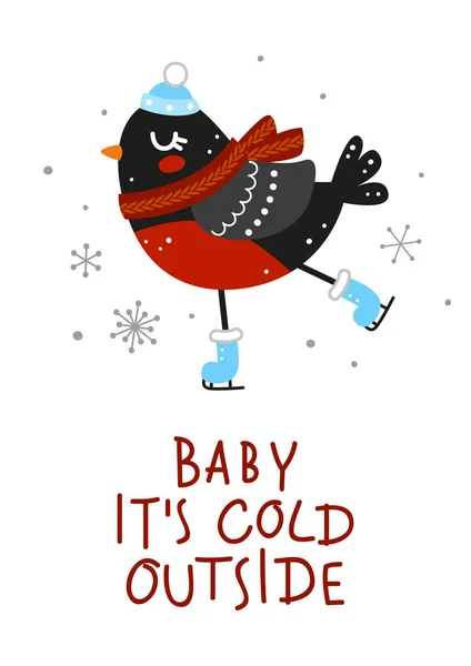 Ilustração Vetorial Cartão Saudação Inverno Com Bullfinch Bonito Bebê Seu —  Vetores de Stock