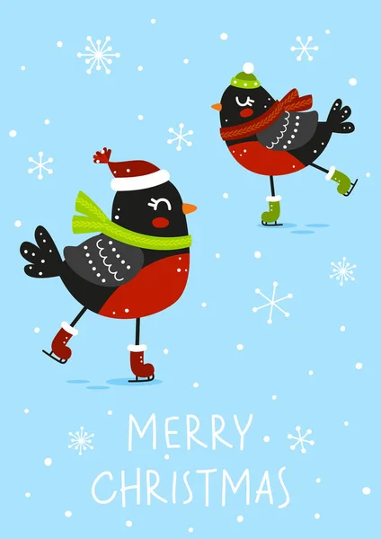 Ilustração Vetorial Cartão Saudação Inverno Com Bullfinches Bonitos Letras Natal — Vetor de Stock