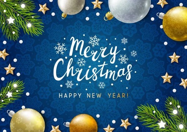 Weihnachtsgrußkarte Mit Feiertagsdekor Auf Blauem Hintergrund — Stockvektor