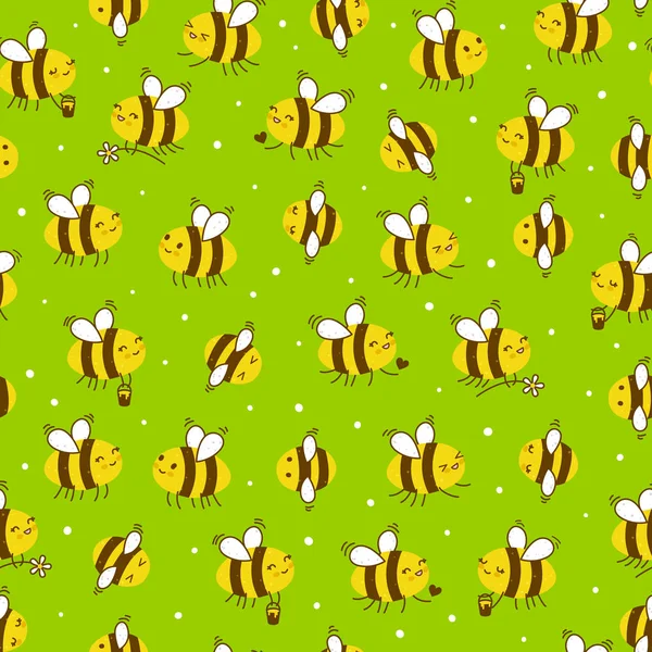 Pola Mulus Dengan Lebah Madu Lucu Latar Belakang Hijau - Stok Vektor