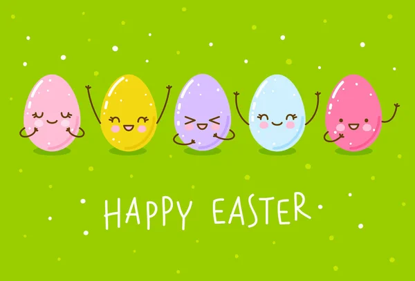 Ostergrußkarte Mit Niedlichen Glücklichen Eiern Auf Grünem Hintergrund — Stockvektor