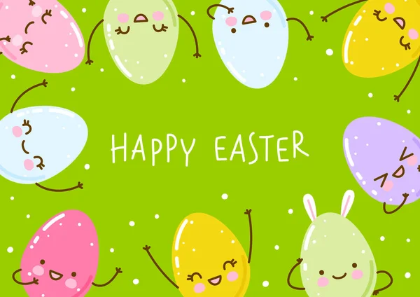 Ostergrußkarte Mit Glücklichen Eiern Auf Grünem Hintergrund — Stockvektor