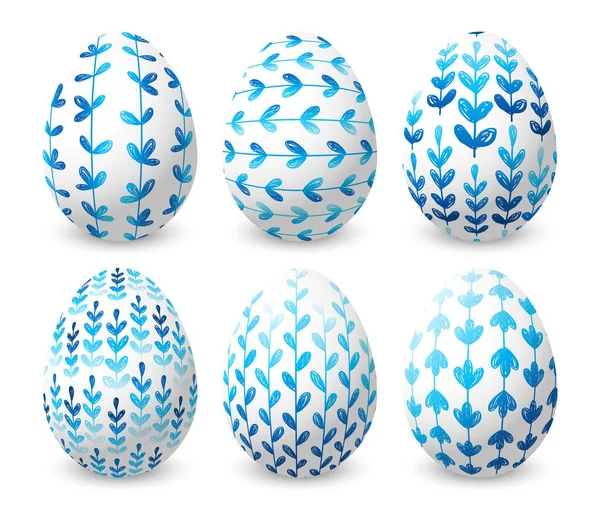 Sada Velikonočních Vajec Modrým Květinové Zdobené Izolované Bílém Pozadí — Stockový vektor