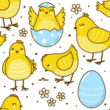 Beyaz arka plan üzerinde izole sevimli tavuk ile Seamless Paskalya modeli