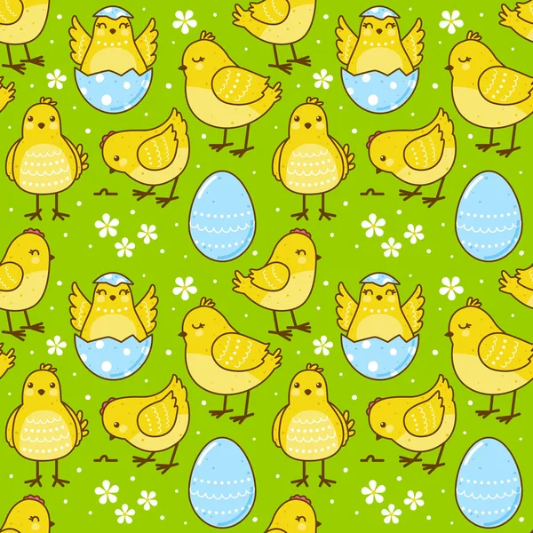 Patrón Pascua Sin Costuras Con Pollos Lindos Sobre Fondo Verde — Archivo Imágenes Vectoriales