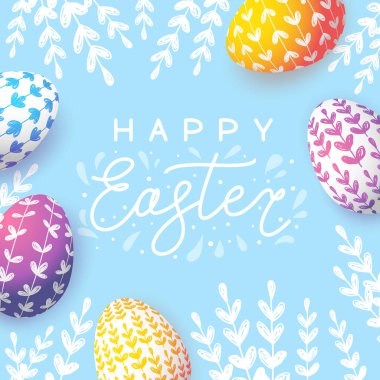 Mavi arka plan üzerinde renkli yumurtalı Paskalya tebrik kartı 