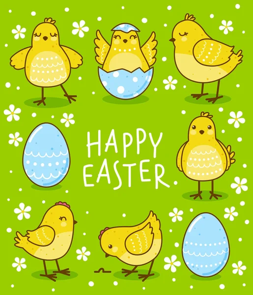 复活节贺卡与可爱的黄色鸡在绿色背景 — 图库矢量图片