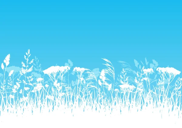 Fond Printanier Avec Silhouettes Base Plantes Sur Fond Bleu — Image vectorielle