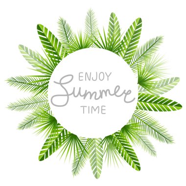 Yeşil tropikal yuvarlak çerçeve ile yaz mesaj bırakır.